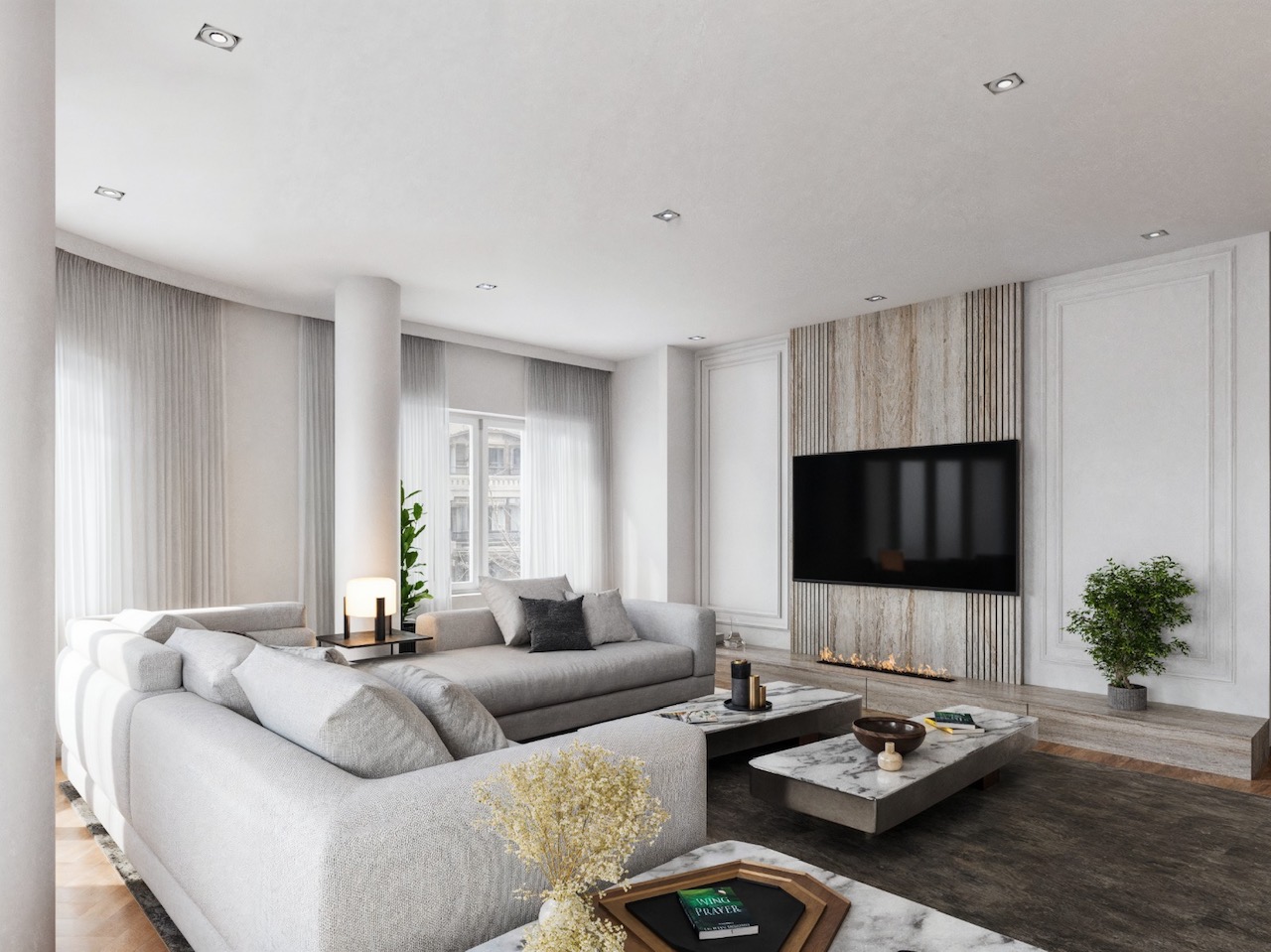 Proyecto de interiorismo residencial y reforma integral de lujo en Bilbao y Donostia por CTEstudio. Salón moderno con sofá modular gris, mesas de centro de mármol, chimenea integrada de diseño y panel de madera para televisión.